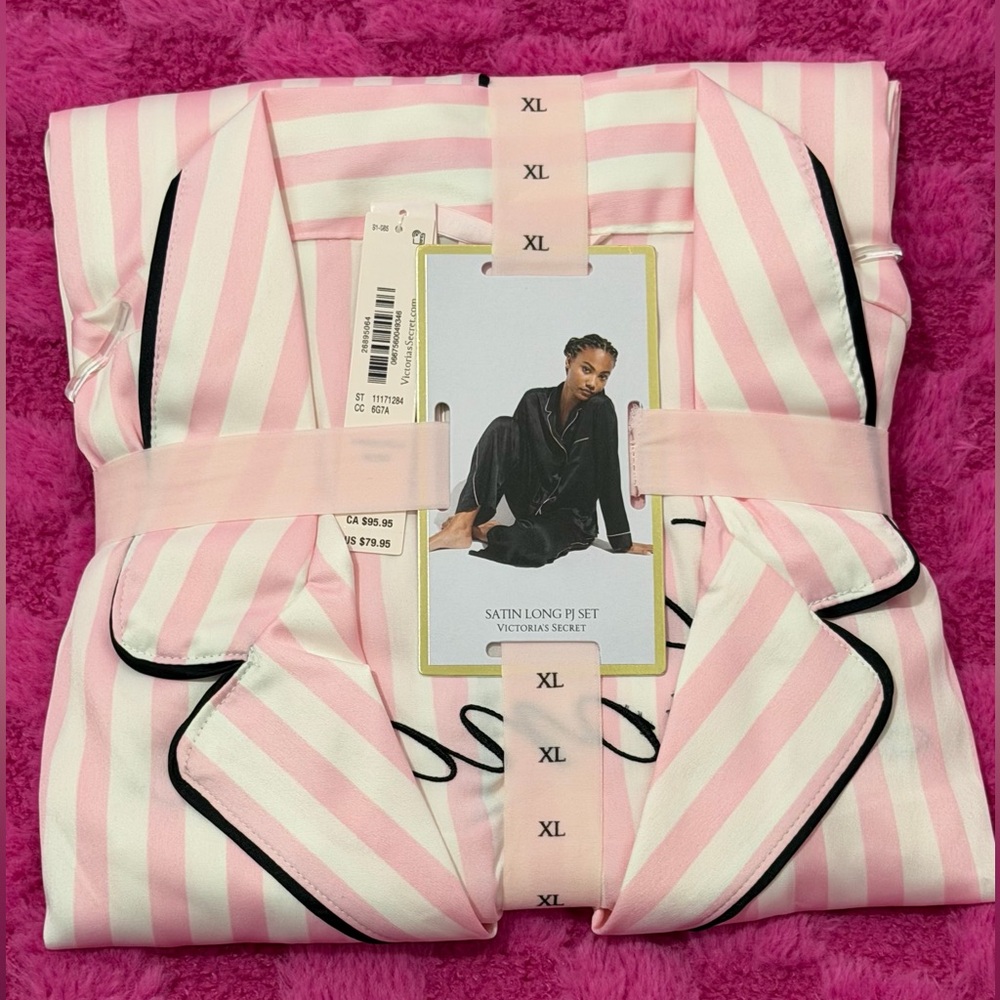 NEW X Large Victoria’s Secret London Embroidered Iconic Stripe Satin Long Pajama